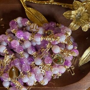 Elegant Gold and Purple Beaded Bracelet With Guadalupe-Cross Charms